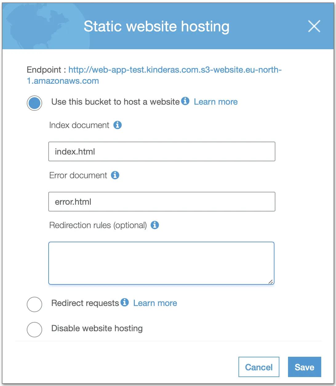 AWS S3 Website hosting dialog
